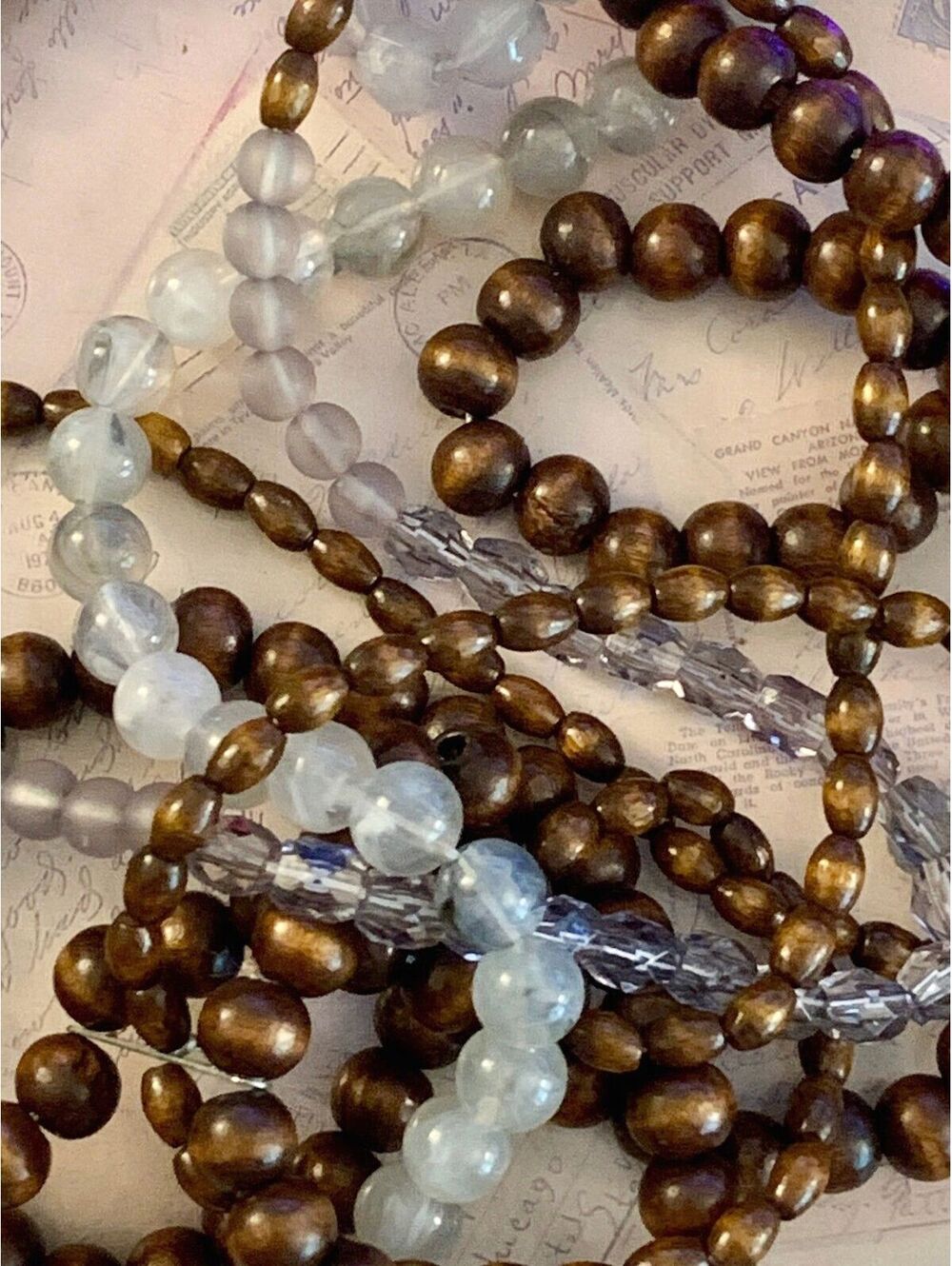 Vintage Boho Chic Organic Necklace Multi-Strand Wooden Glass Bead